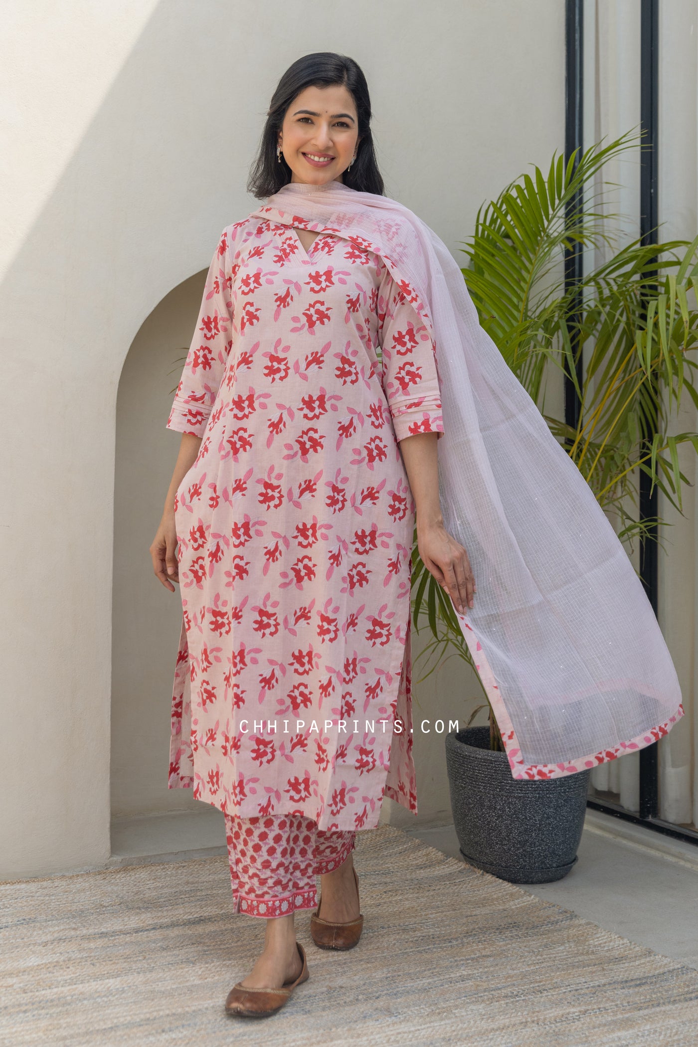 Cotton Printed V Neck Kurta Set in Shades of Beige and Red