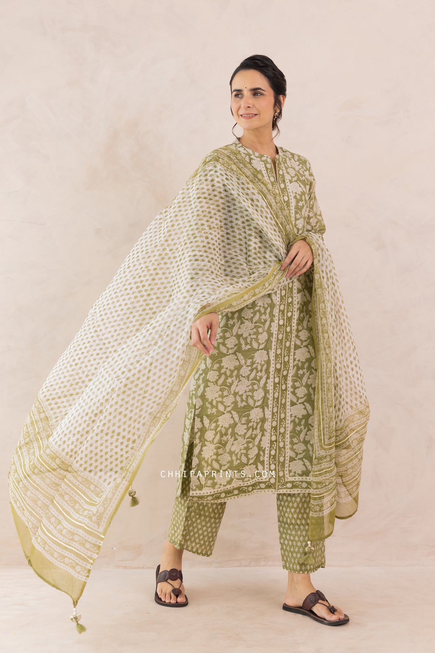 Chanderi Silk Block Print Jaal Kurta Set in Sage Green