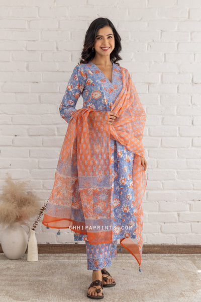 Cotton Hand Block Jaal Print Kurta Set in Shades of Muted Purple & Peach