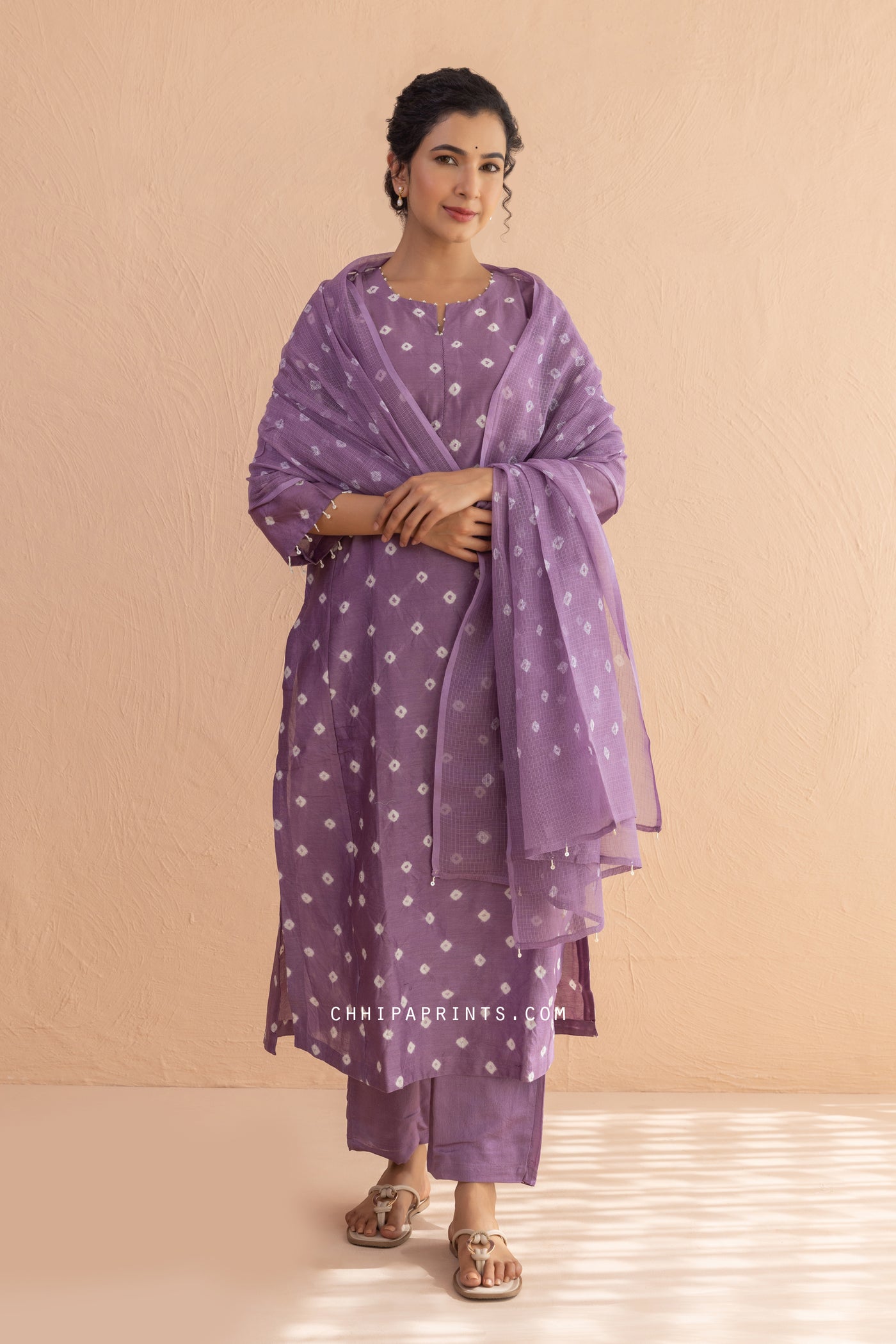 Chanderi Silk Bandhani Kurta Set in Purple Haze (Set of 4)