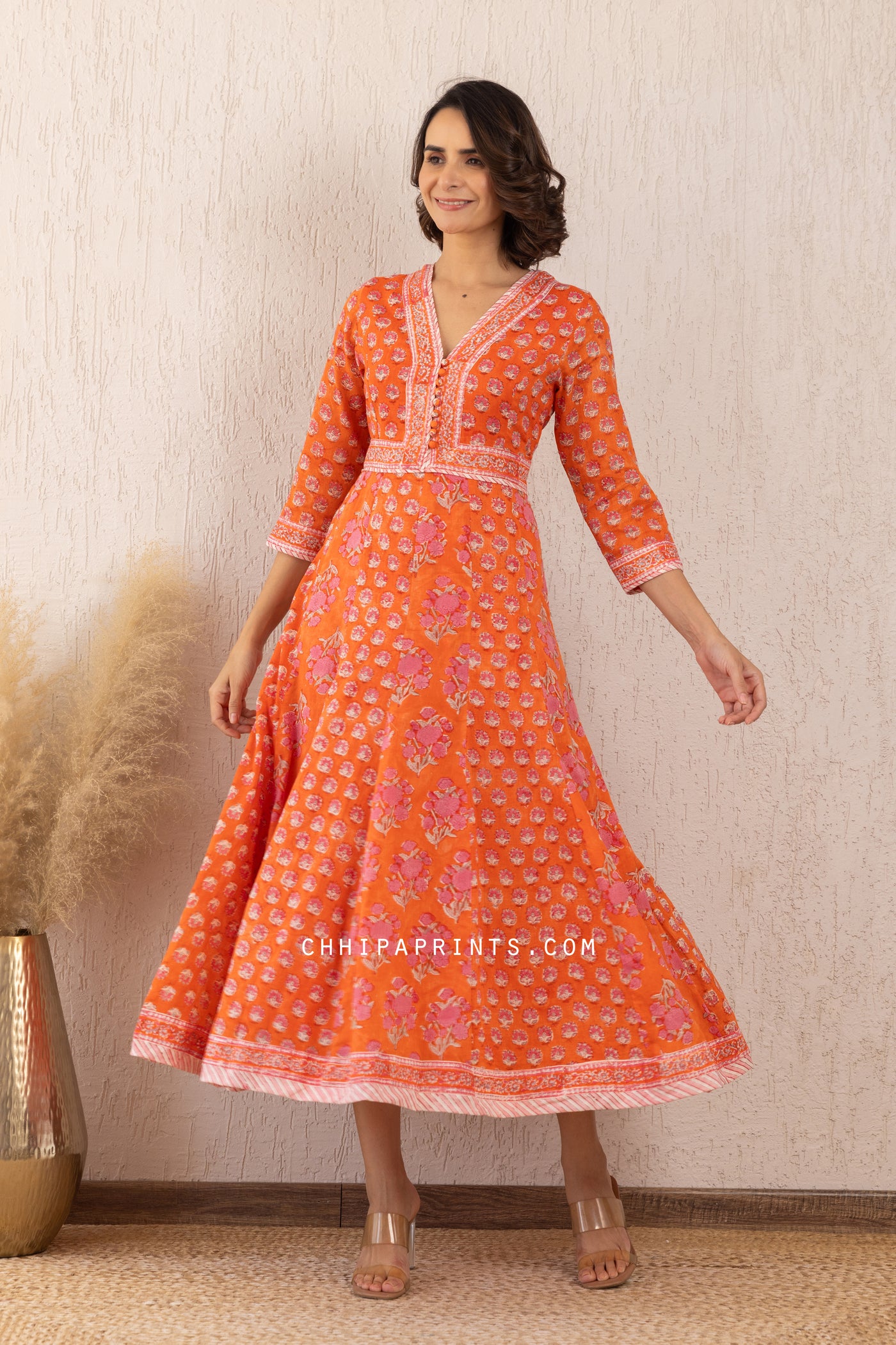 COTTON BLOCK PRINT ANARKALI MAXI DRESS IN VIBRANT ORANGE