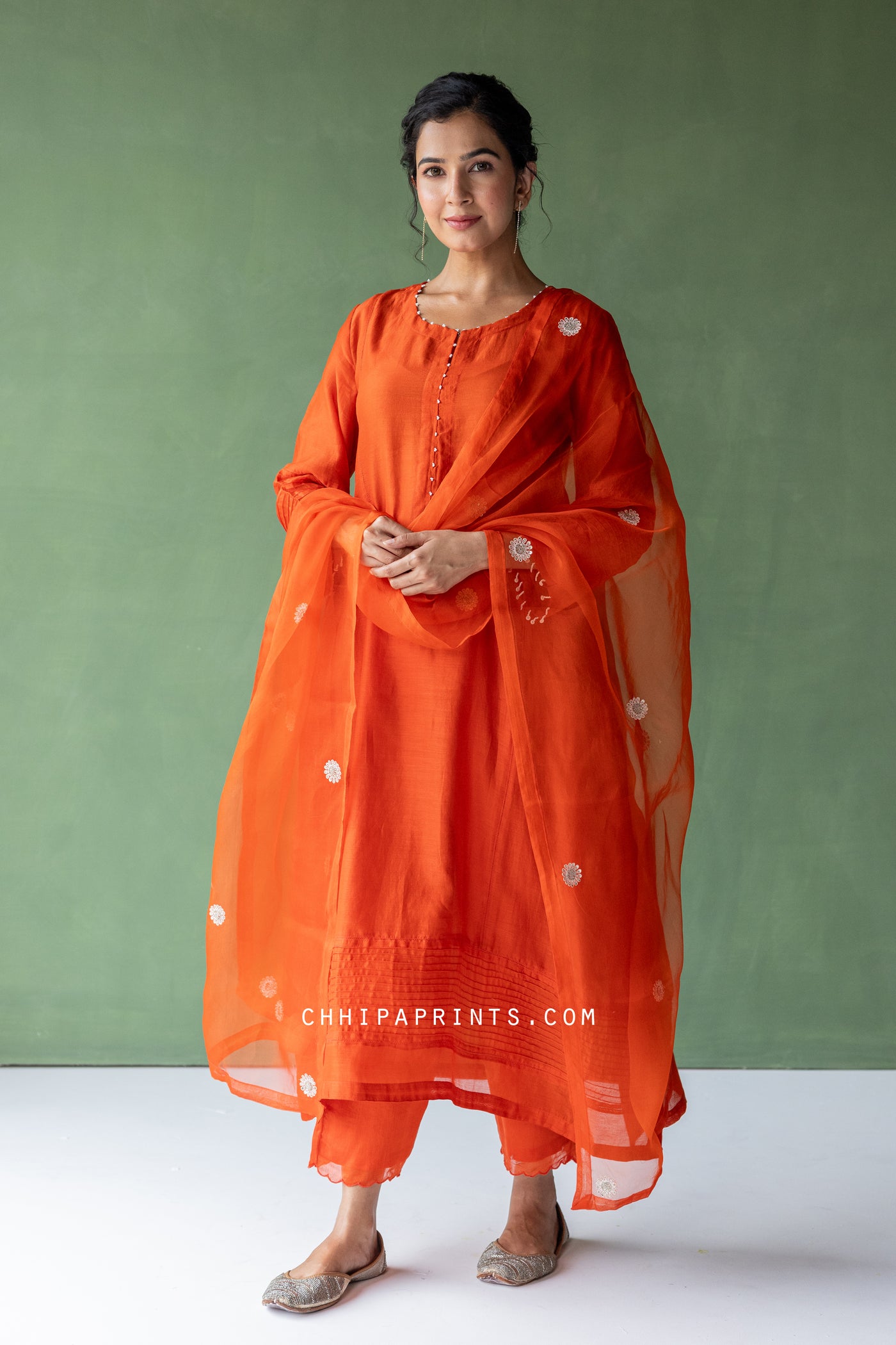 Chanderi SIlk Hand Embroidered Kurta Set in Fiery Orange