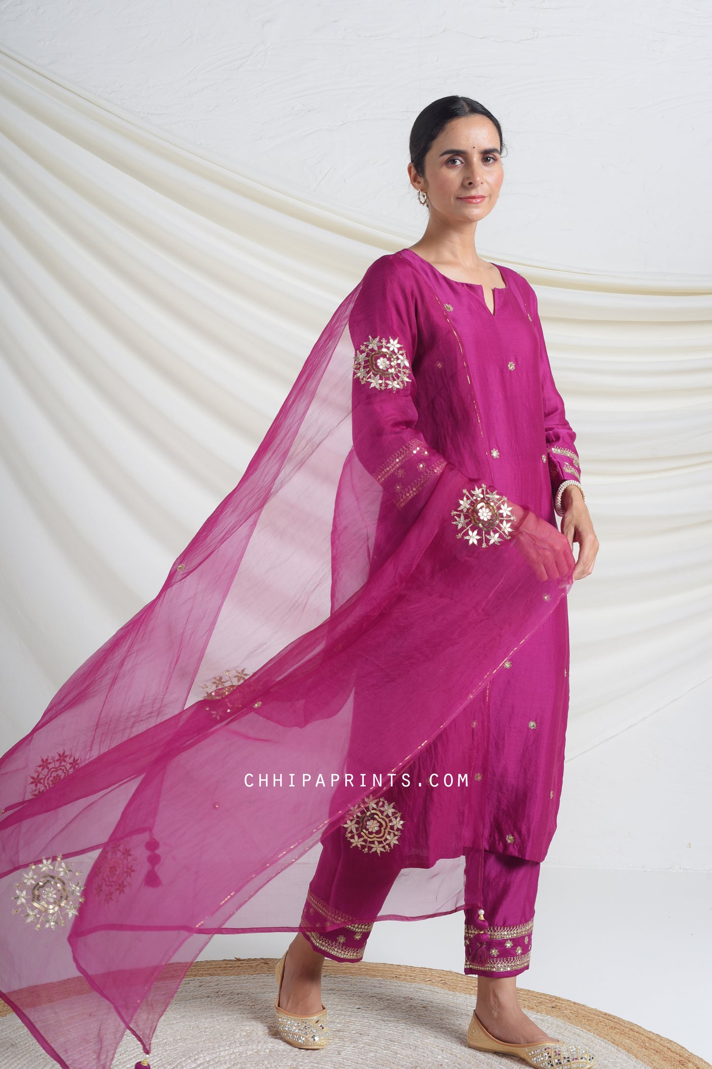 Chanderi Silk Hand Embroidery Suit Set in Purple Wine