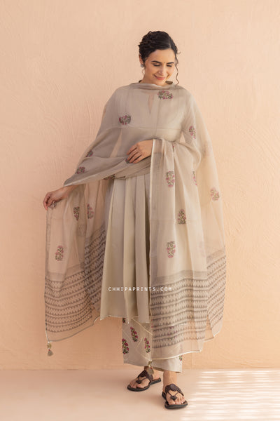 Cotton Block Print Matka Anarkali Kurta Set in Mushroom