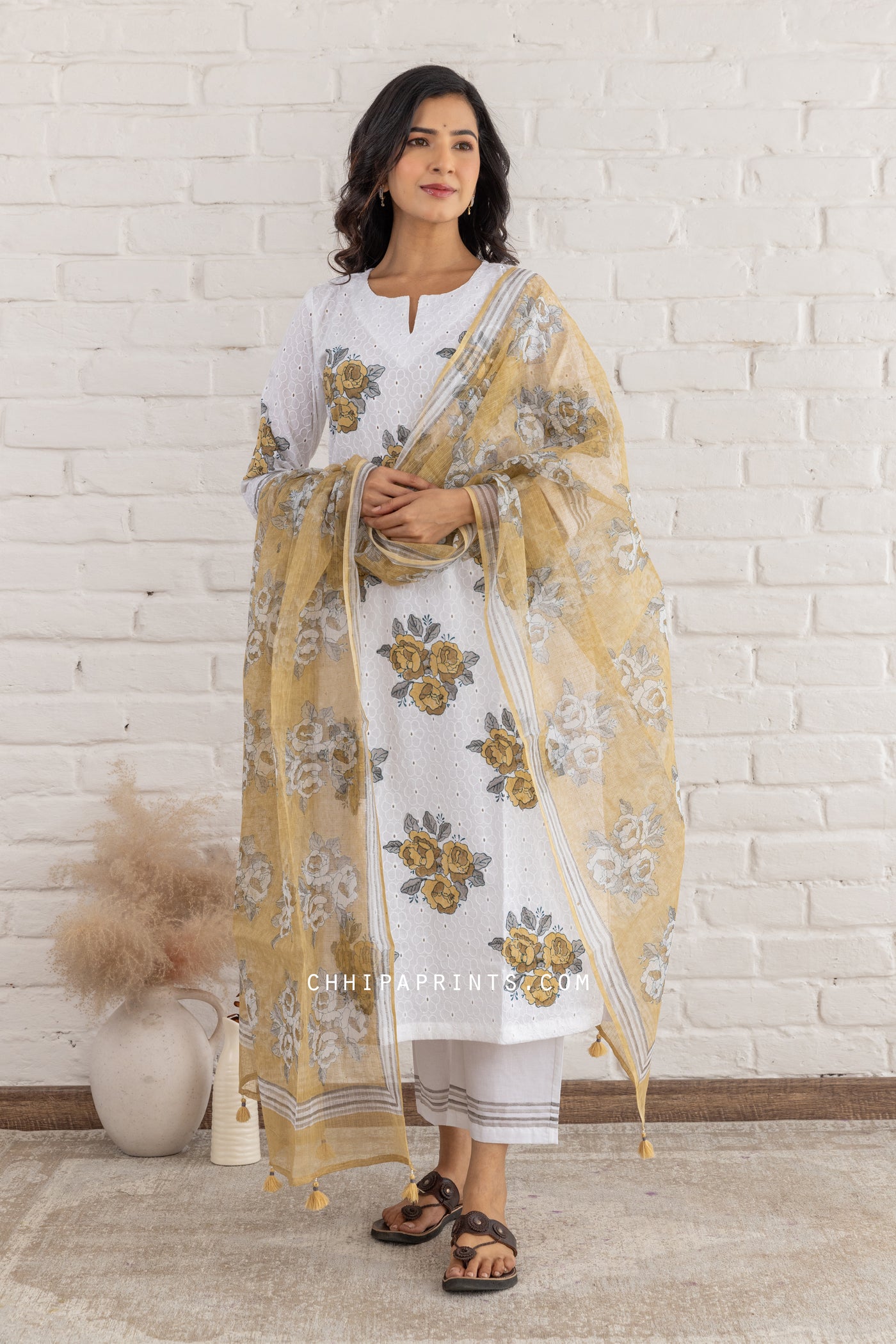 Cotton Schiffli Floral Block Print Kurta Set in Iced Coffee