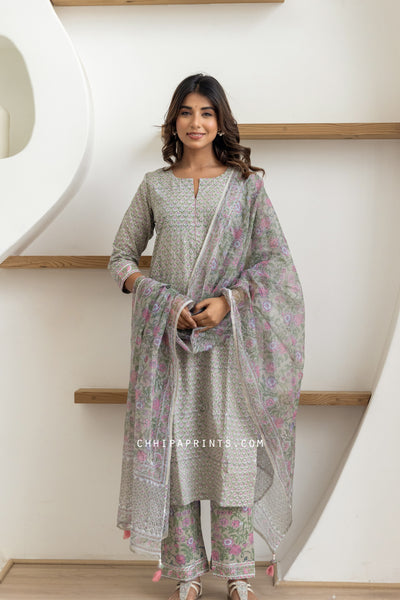 Cotton Block Print Mahin Buti Suit Set in Shades of Oyster Mushroom and Pink