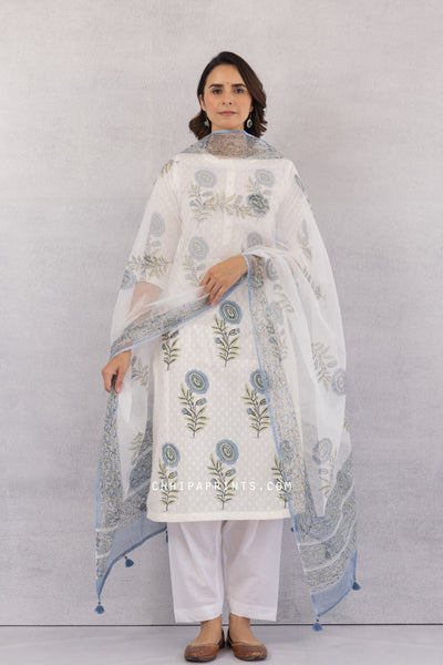 Cotton Dobby Block Print Boota Kurta Set in Powder Blue