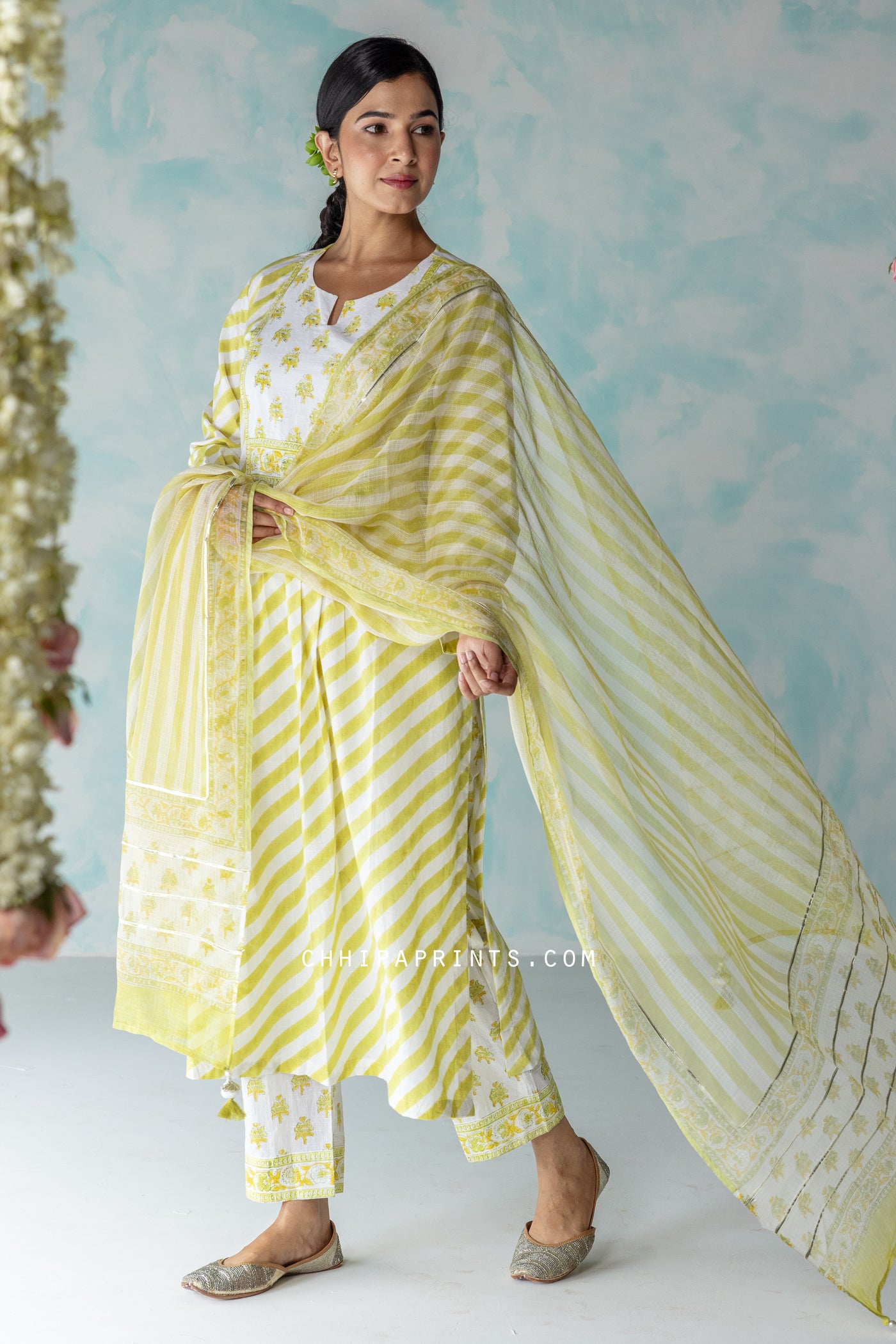 Cotton Hand Block Stripes Print Kurta Set in Lime Green