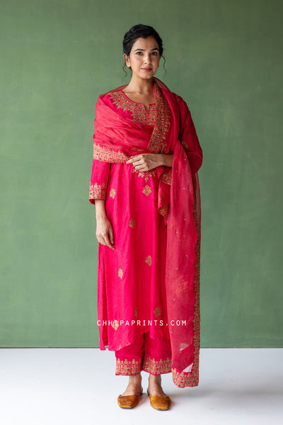 Raw SIlk Zari Embroidered Kurta Set in Virtual Pink