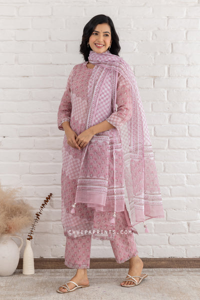 Kota Doria Block Print Bias Panel Suit Set in Mauve Pink