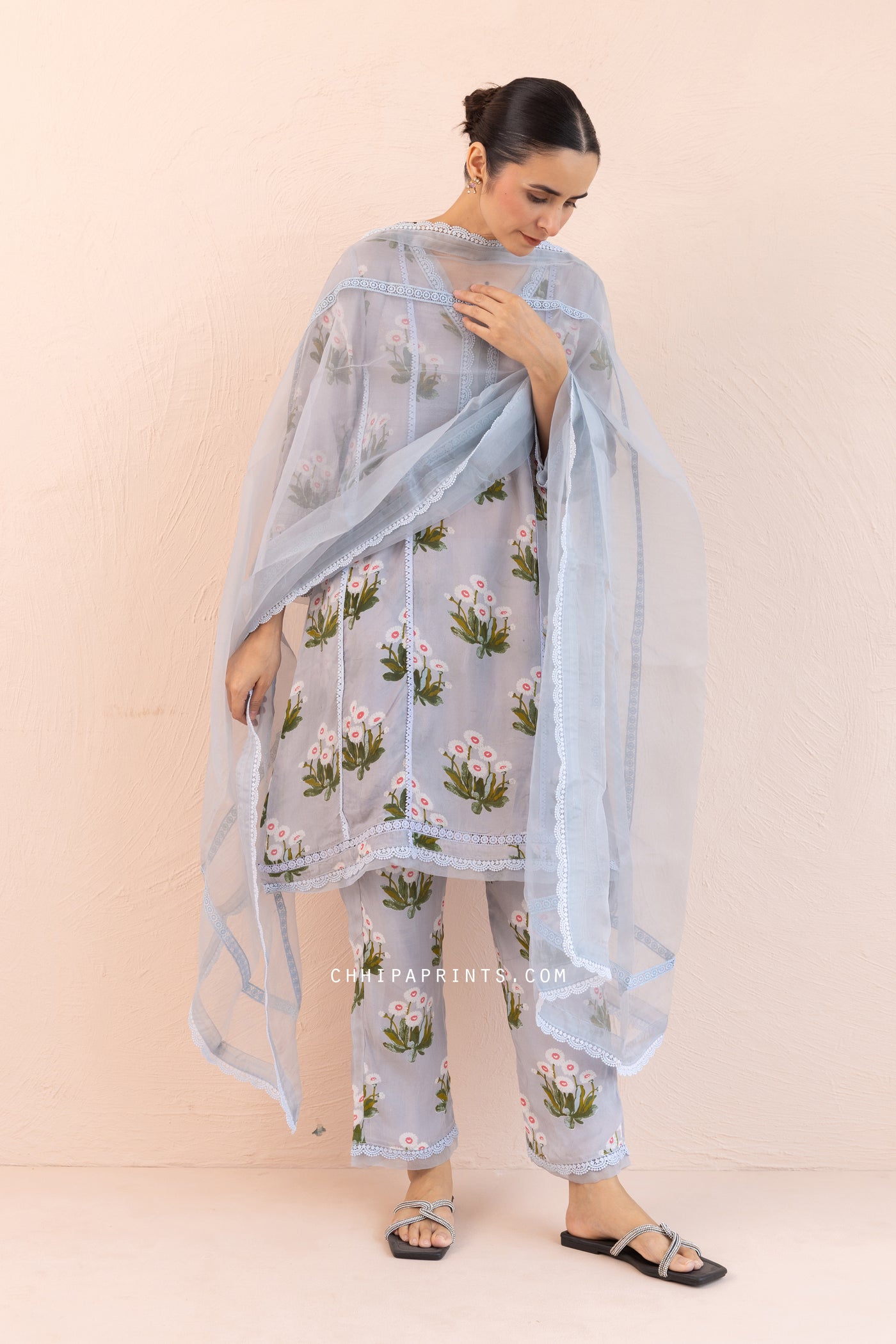 Organza Satin Printed Buta A line Kurta Set in Baby Blue