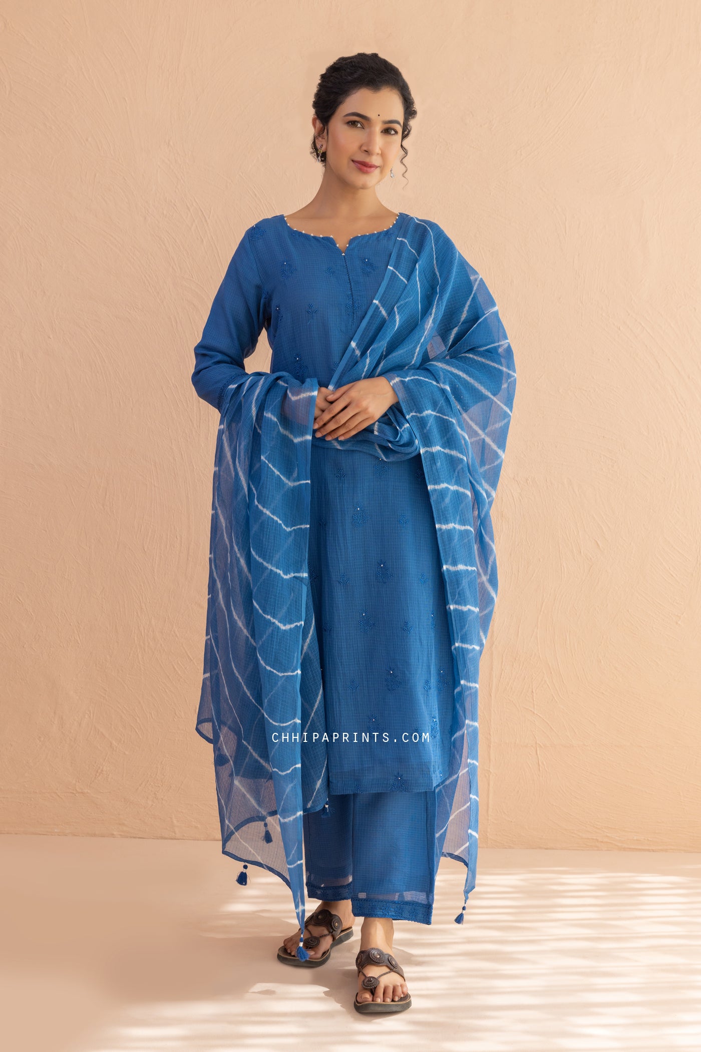 Kota Doria Embroidery Buti Suit Set in Mykonos Blue