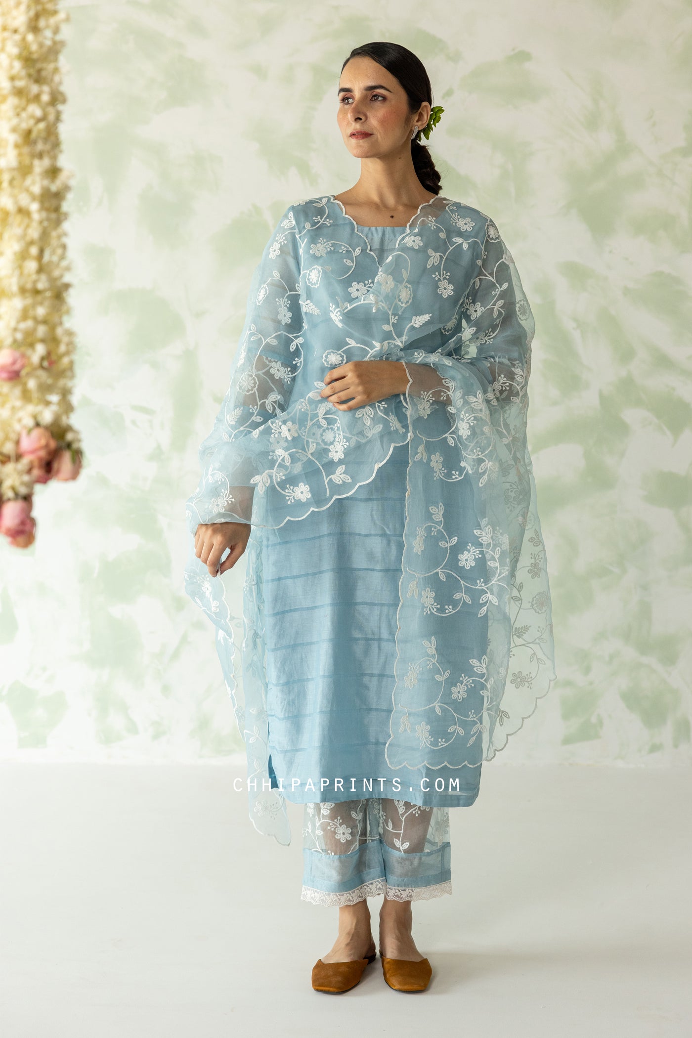 Chanderi Silk Stripe Kurta Set with Embroidery in Baby Blue