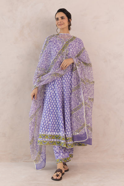 Cotton Block Print Gud Buti Anarkali Kurta Set in Lilac