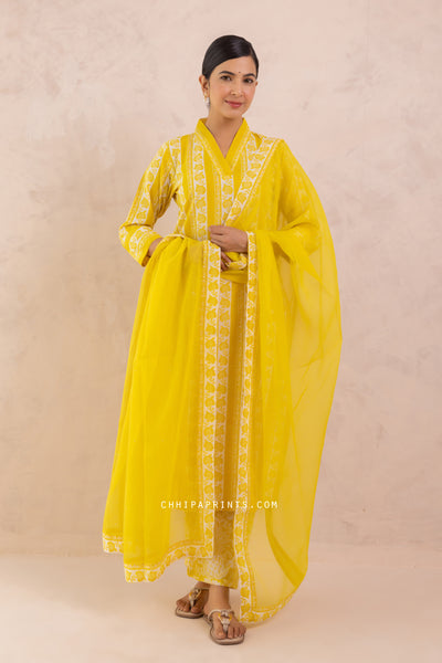 Cotton Floral Border Print Kurta Set in Sulphur Yellow