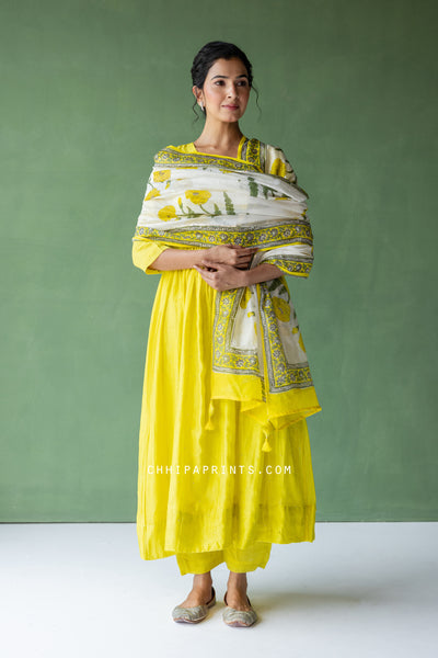 Chanderi Silk Plain Dye Gather Kurta Set in Solar Power Yellow