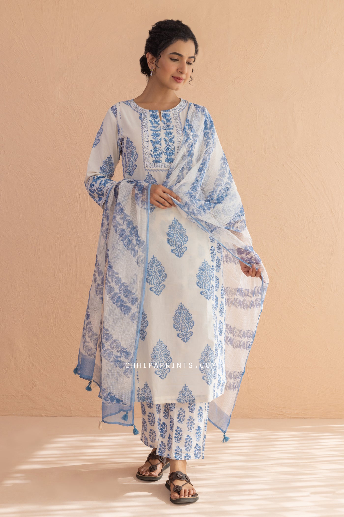 Cotton Block Print Buta & Buti Kurta Set in Powder Blue
