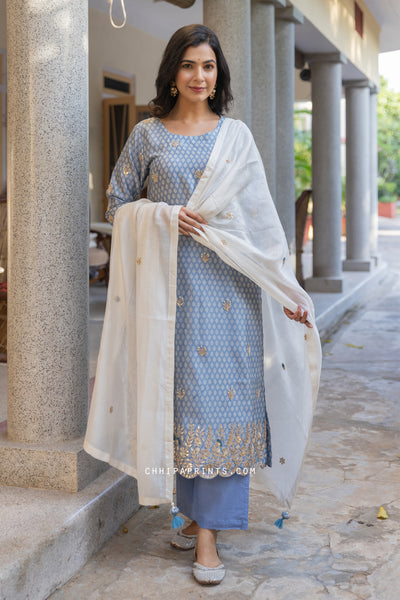 Chanderi Silk Mahin Buti Hand Embroidered Kurta Set in Powder Blue