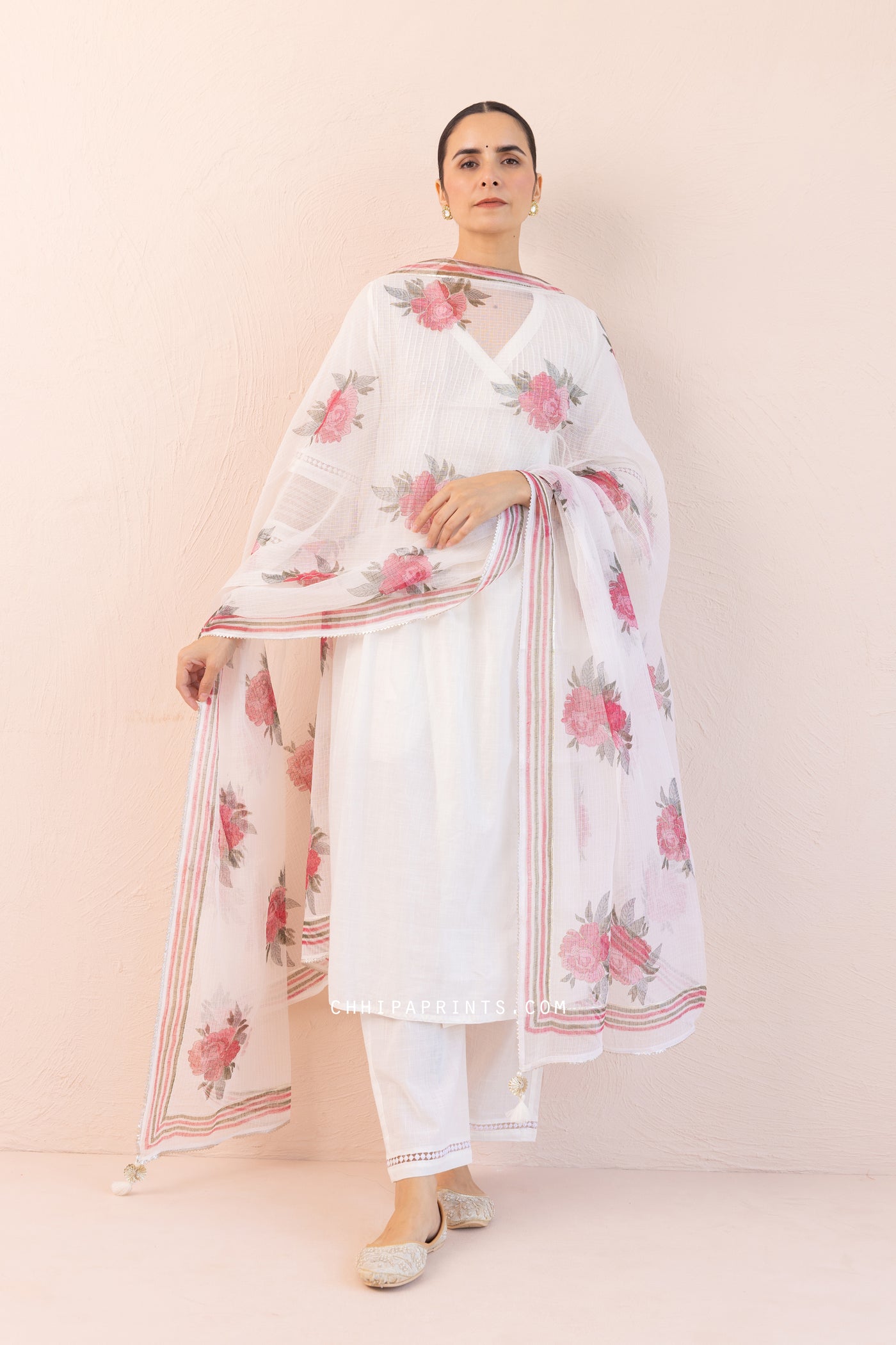 Cotton Slub Plain Dye Angrakha Kurta Set in Ivory