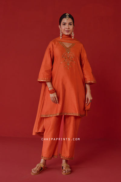 Chanderi Silk Marodi Embroidery Kurta Set in Gold Flame