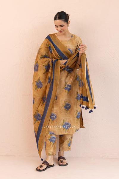Chanderi Silk Block Print Gud Buta Kurta Set in Bronze Mist