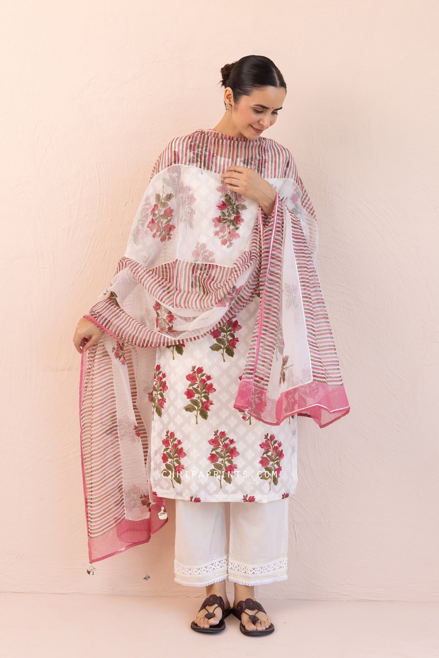 Chanderi Silk Dobby Block Print Chintz Kurta Set in Berry Red