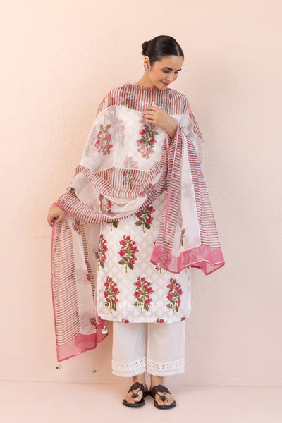 Chanderi Silk Dobby Block Print Chintz Kurta Set in Berry Red