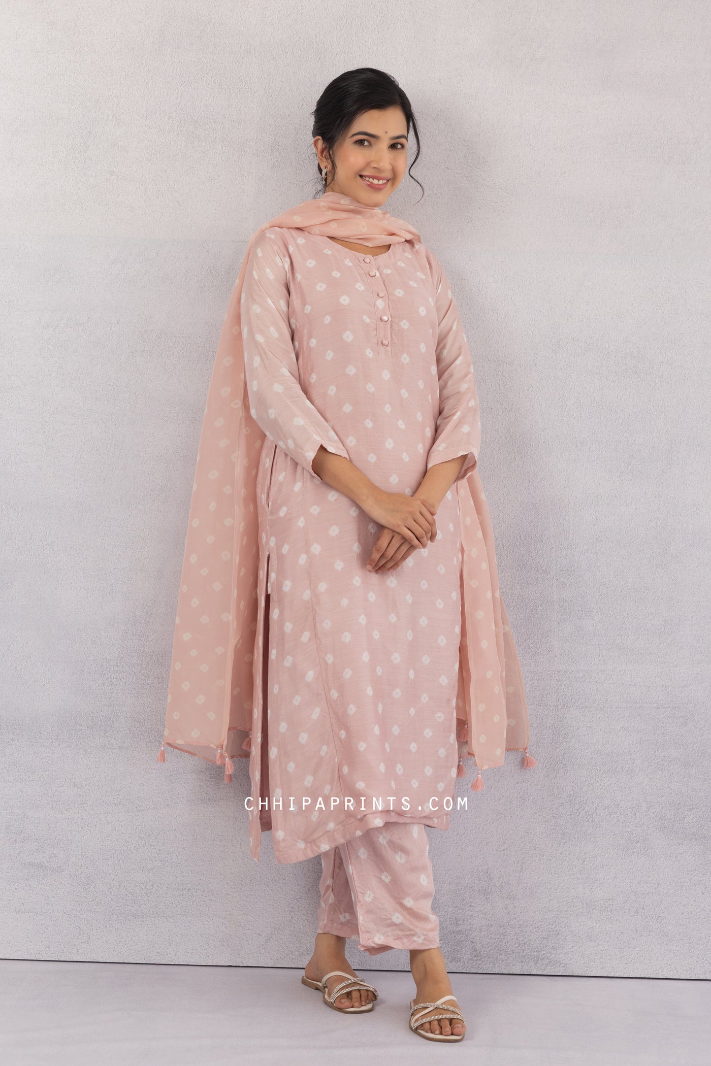 COTTON SILK BANDHANI KURTA SET IN ROSE QUARTZ