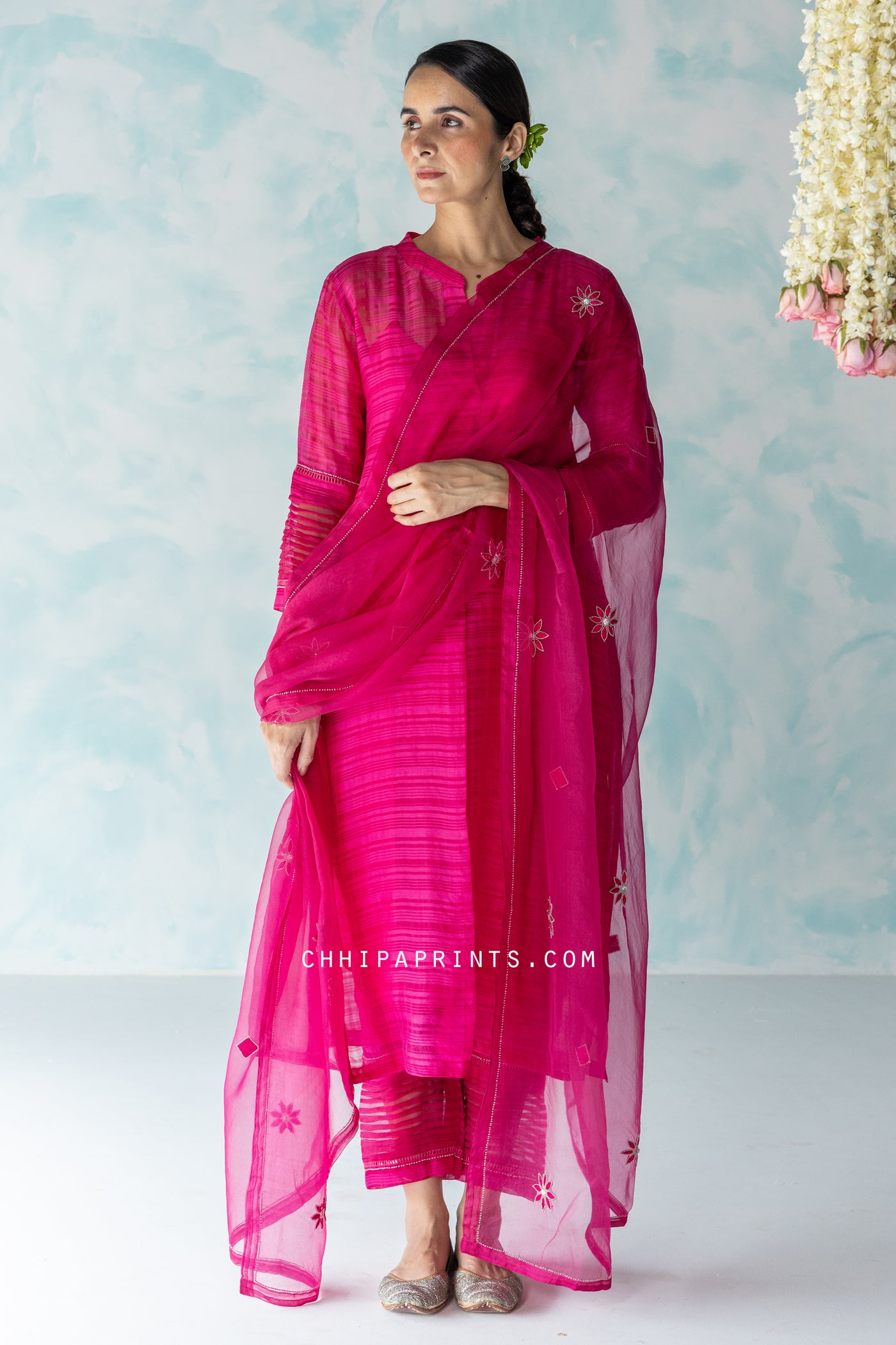 Chanderi SIlk Checks Hand Embroidered Kurta Set in Rani Pink