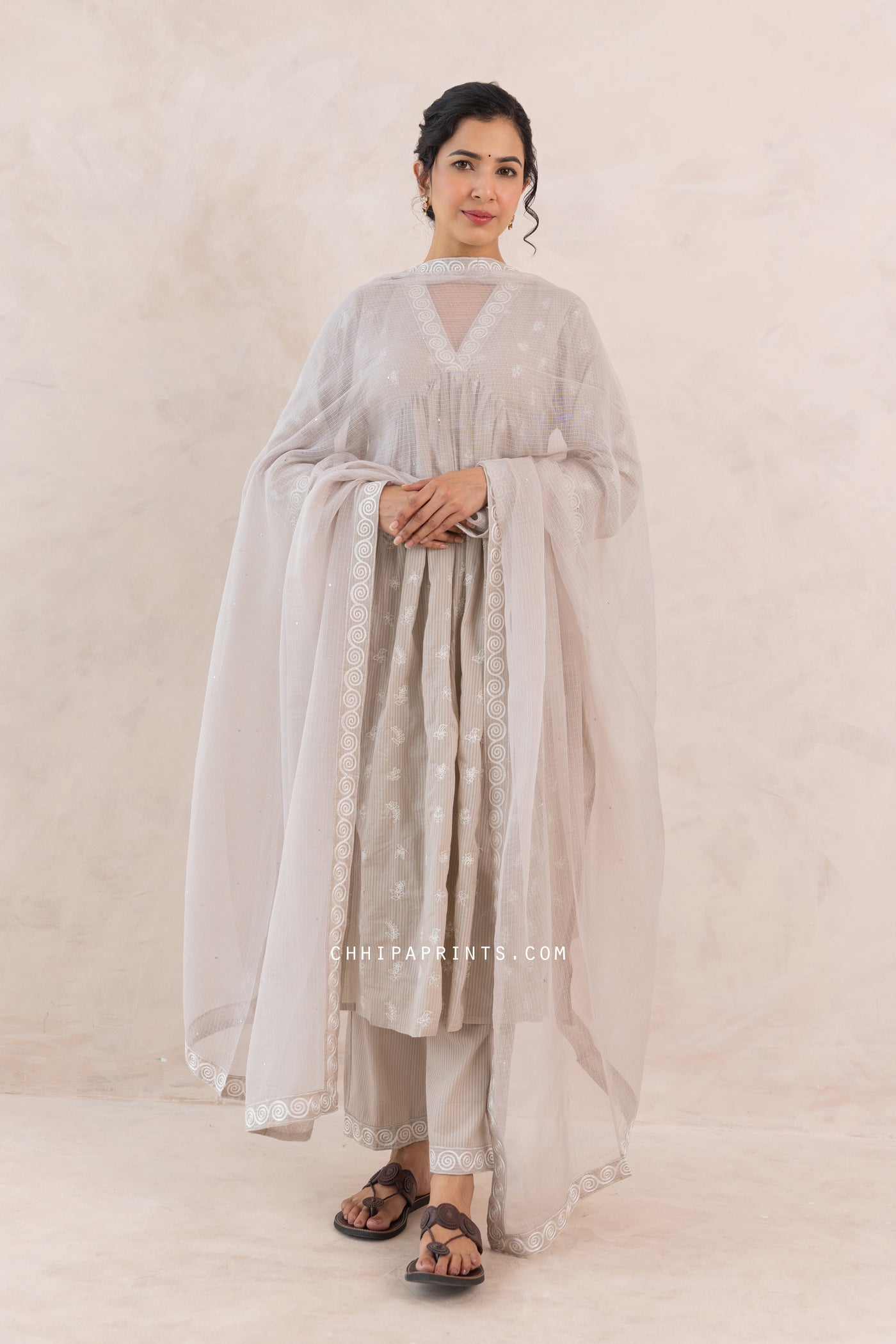 Cotton Multi Buti Embroidered Kurta Set in Mushroom Grey