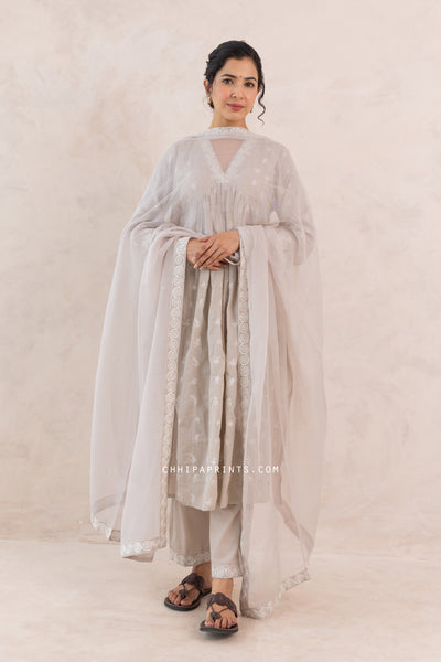 Cotton Multi Buti Embroidered Kurta Set in Mushroom Grey