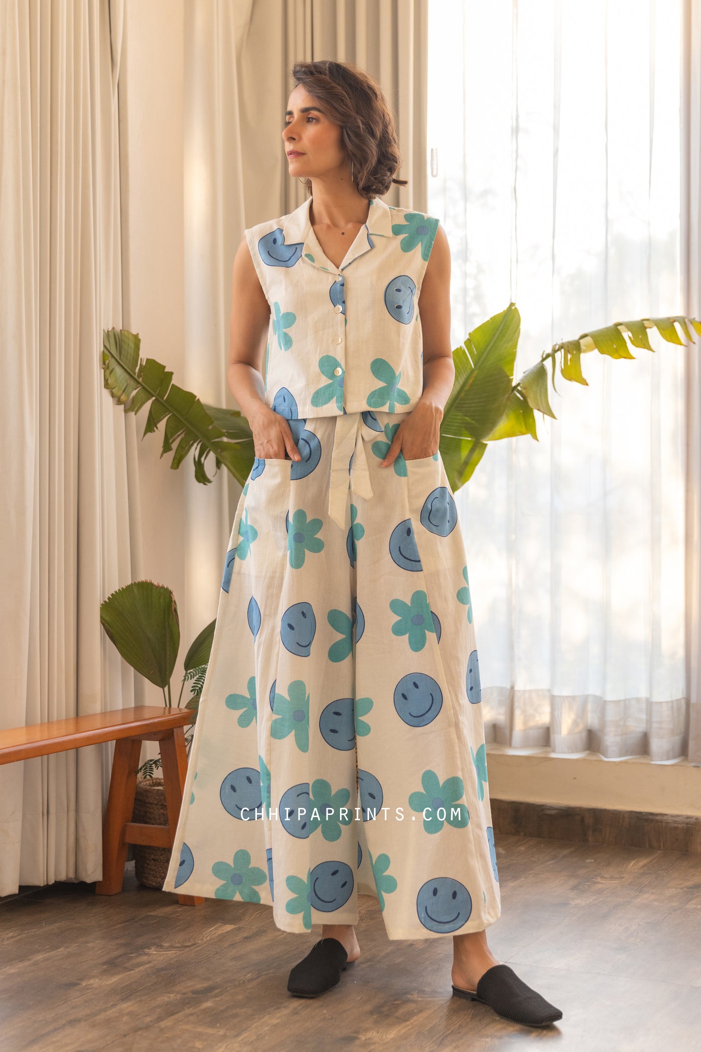 Cotton Smiley Print Co Ord Set in Shades of Blue & Green