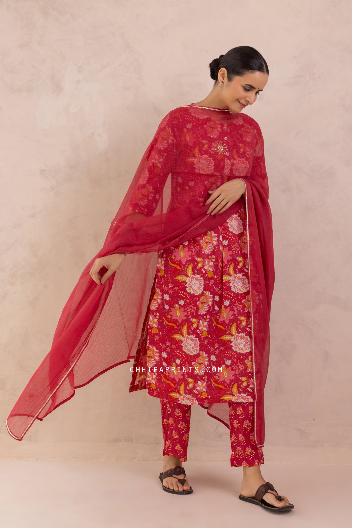 Cotton Mughal Jaal Print Kurta Set in Goji Berry Red