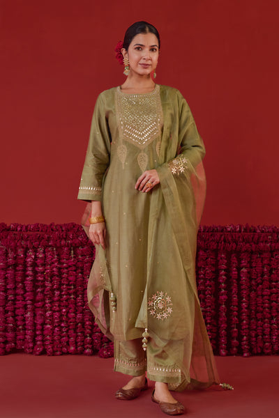 Chanderi Silk Aari Embroidery & Gota Patti Kurta Set in Sage Green