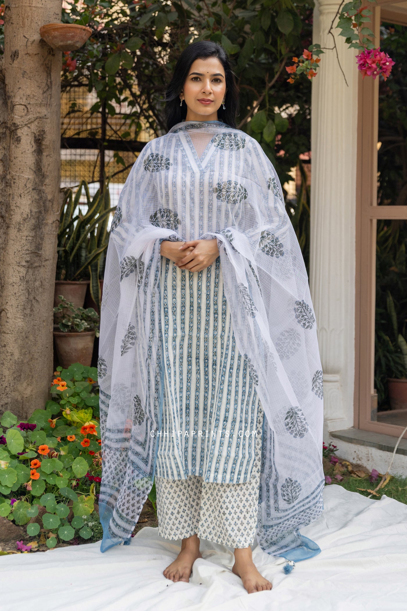 Cotton Block Print Parcha Border Kurta Set in Shades of Blue