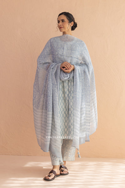 Cotton Block Print Shell Tuck Buti Kurta Set in Aqua Grey