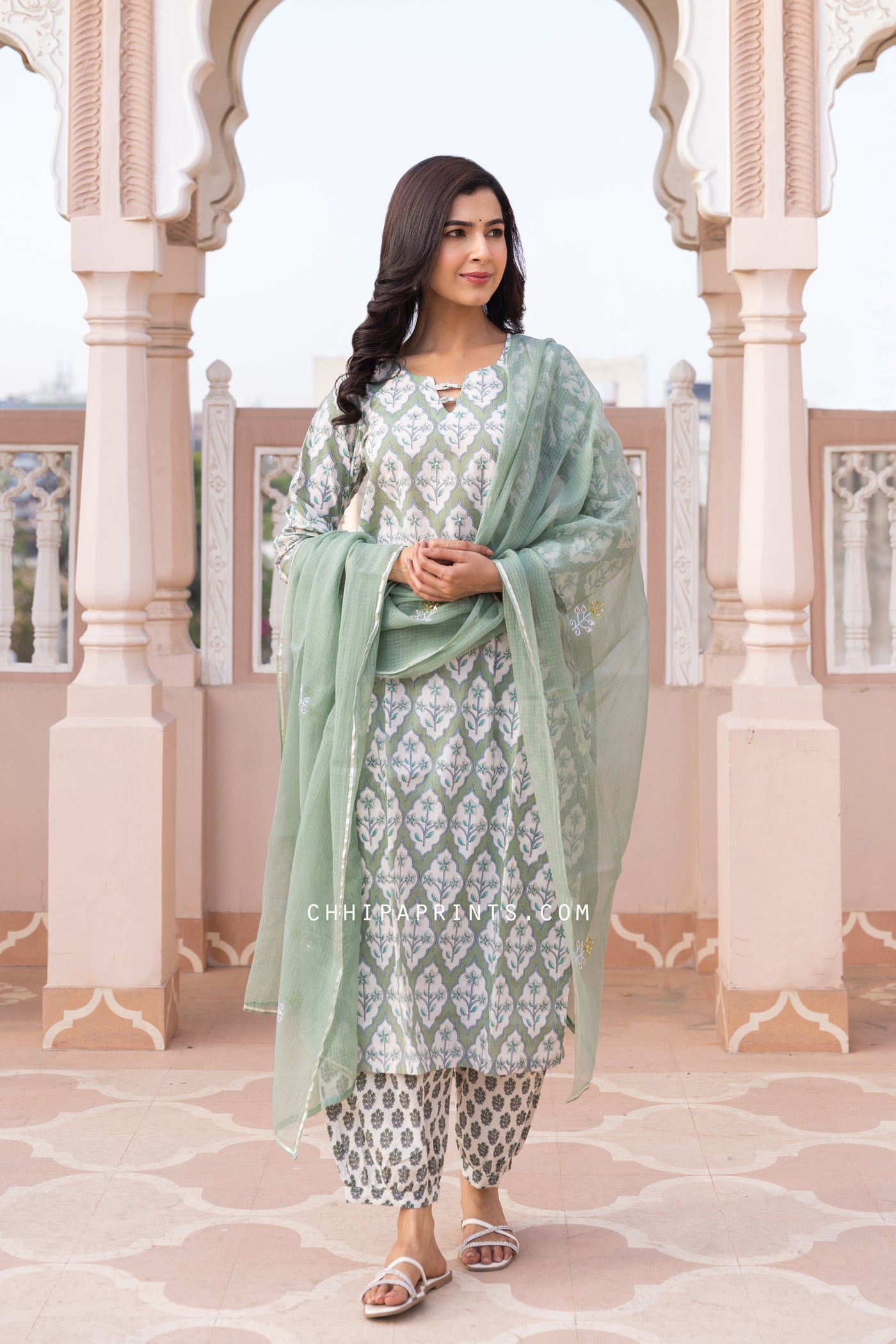 Cotton Chokdi Buta Suit Set from Aarna Collection in Oil Green