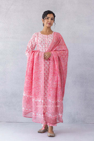 Cotton Block Print Gud Buti Kurta Set in Baby Pink