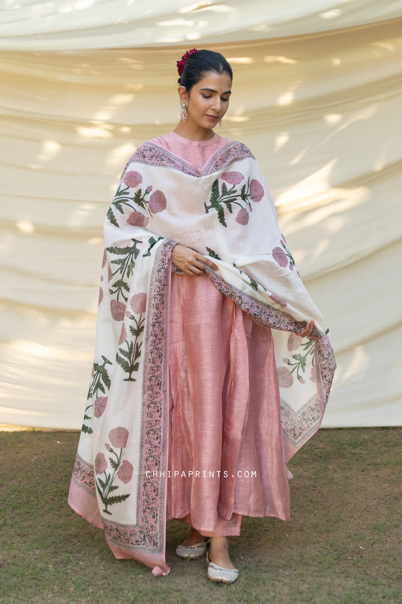 Satin Raw Silk Pleated A Line Kurta Set in Shades of Old Rose