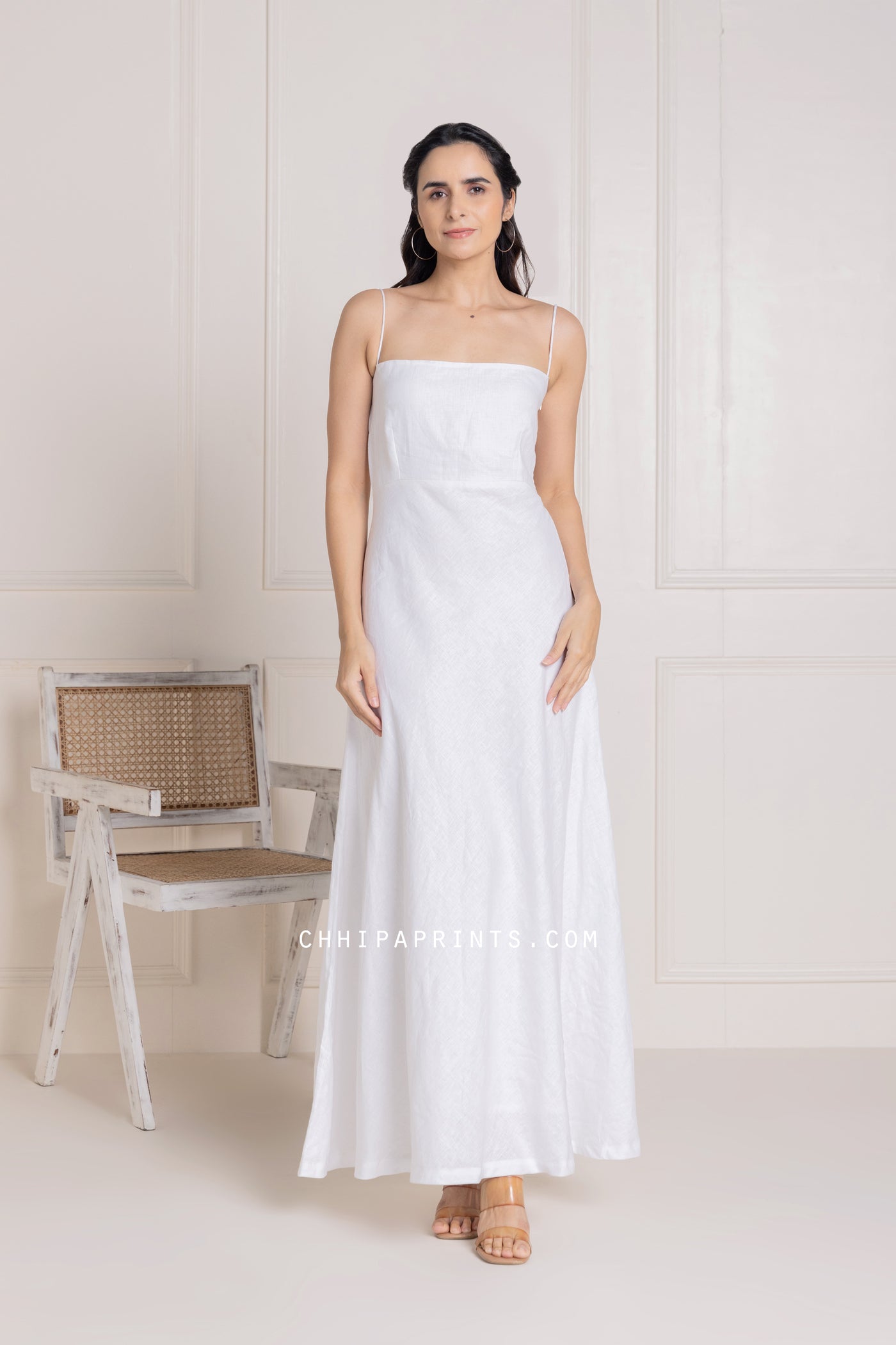 Pure Linen Sleeveless Long Dress in Solid White