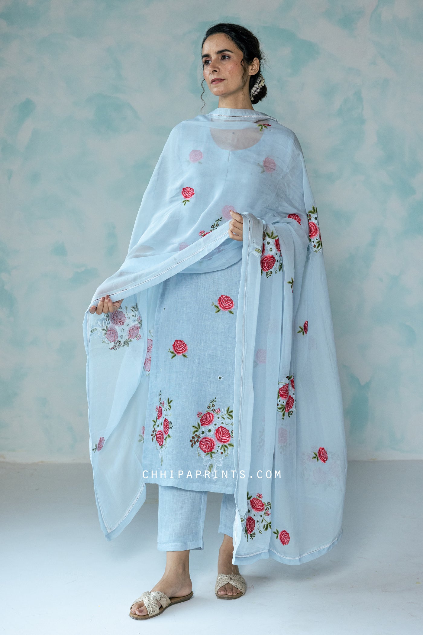 Linen Rose Buta Motif Embroidery Kurta Set in Powder Blue