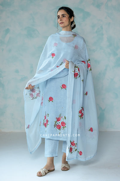 Linen Rose Buta Motif Embroidery Kurta Set in Powder Blue