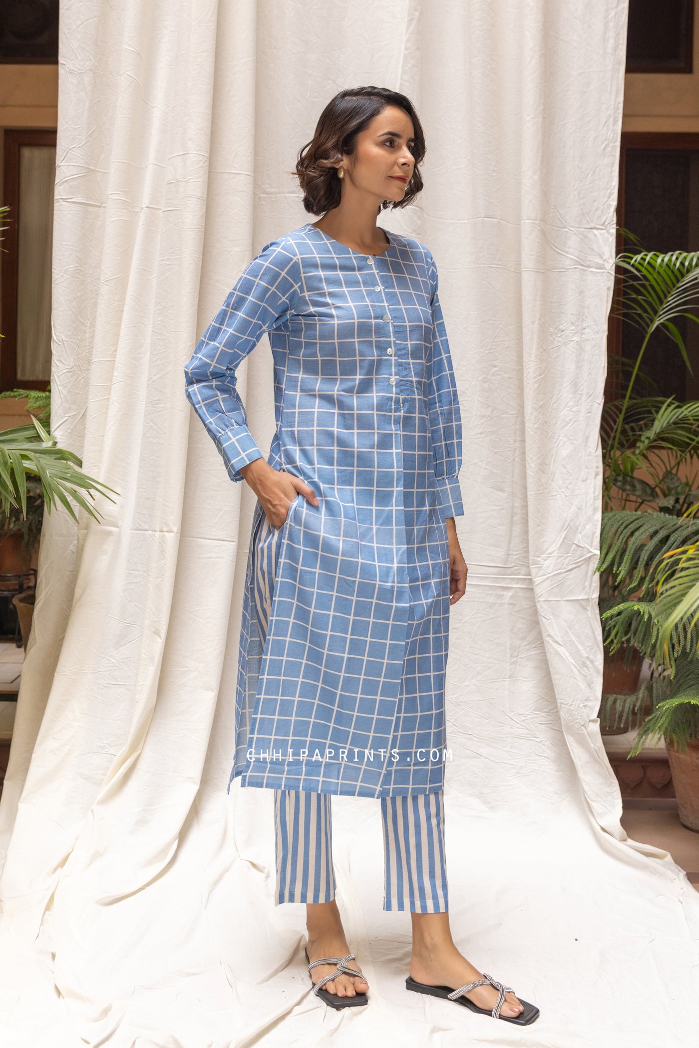 Cotton Checks Print Kurta & Stripe Pants Co Ord Set in Baby Blue