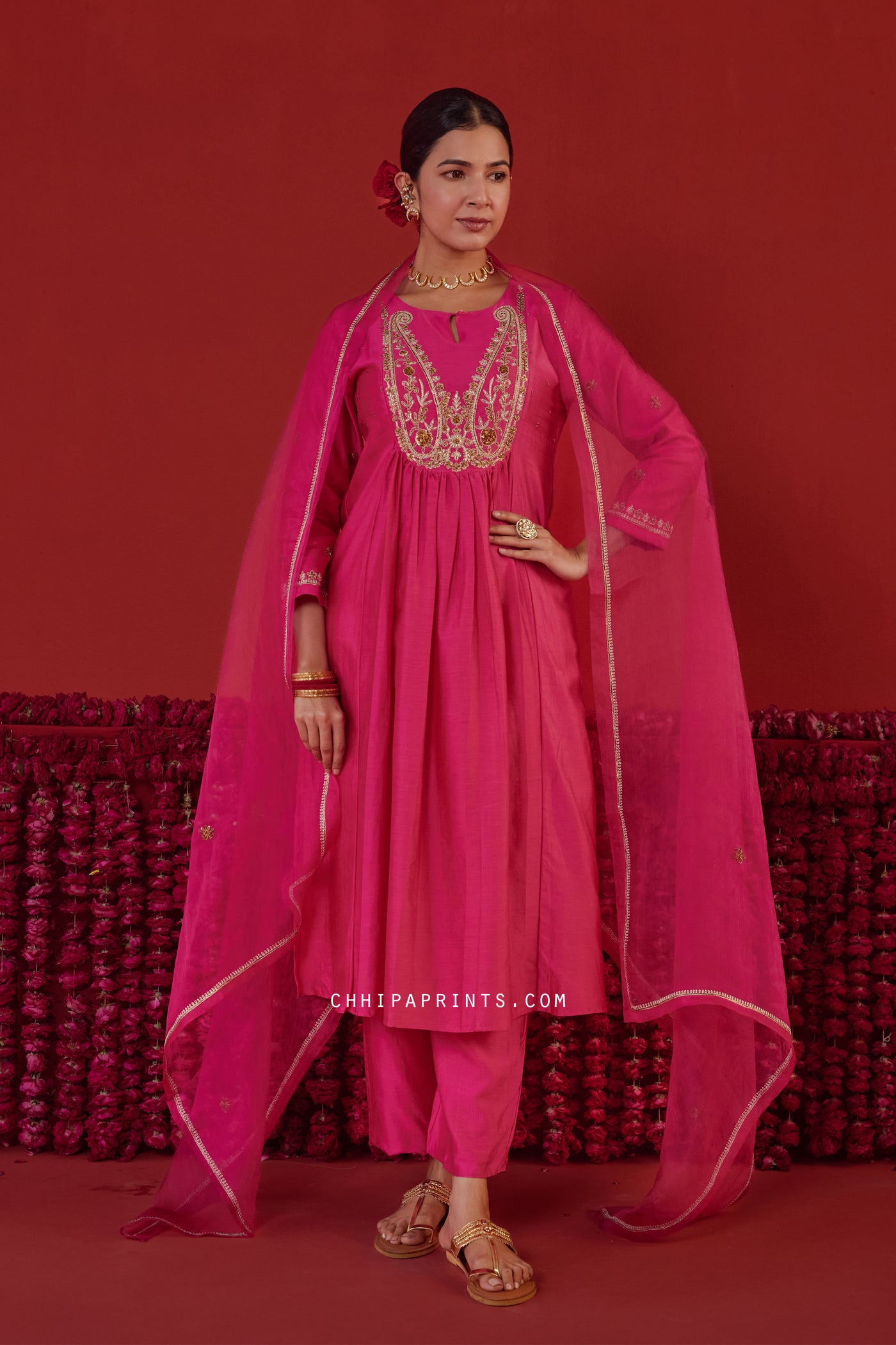 Chanderi Silk Paisley Embroidered Yoke Kurta Set in Hot Pink