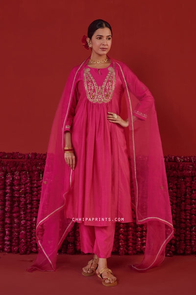 Chanderi Silk Paisley Embroidered Yoke Kurta Set in Hot Pink