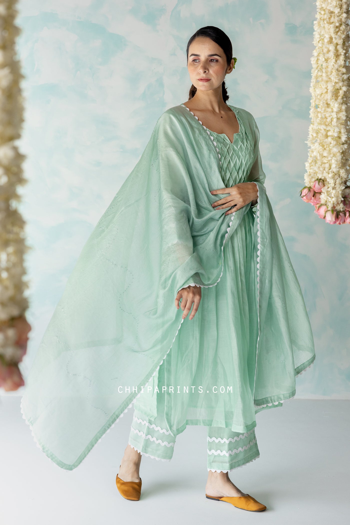 CHANDERI SILK SMOCKING KURTA SET IN Shades of MINT GREEN