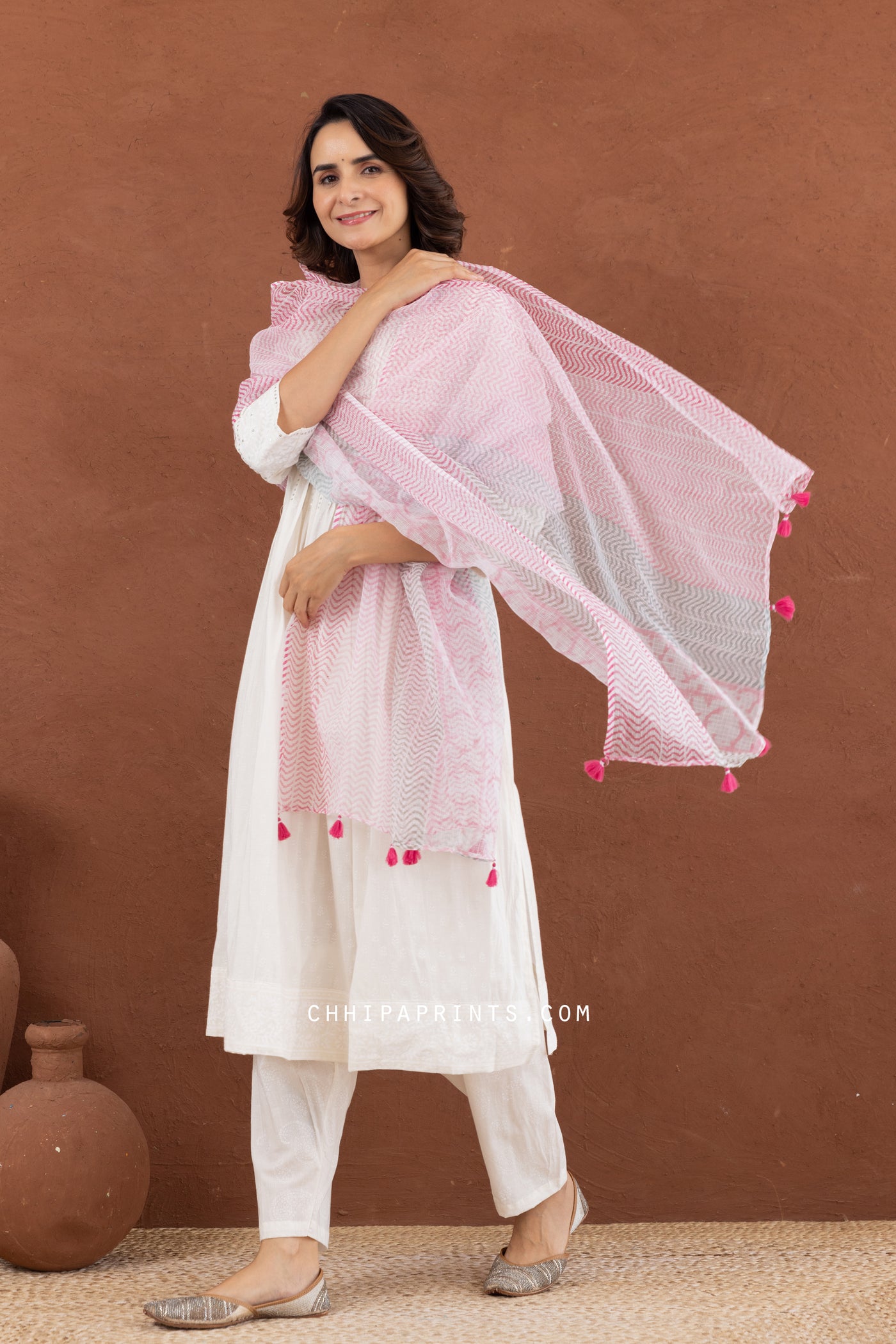 Cotton Hand Block Khari Print Kurta Set in Ivory with Pink Lehariya Dupatta