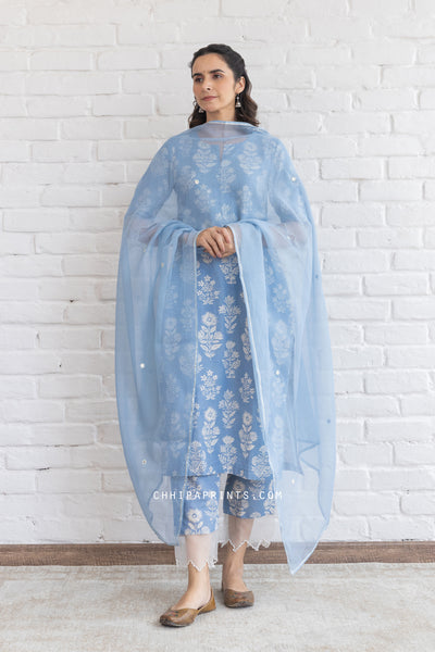 Cotton Mughal Buta Print Kurta Set in Powder Blue