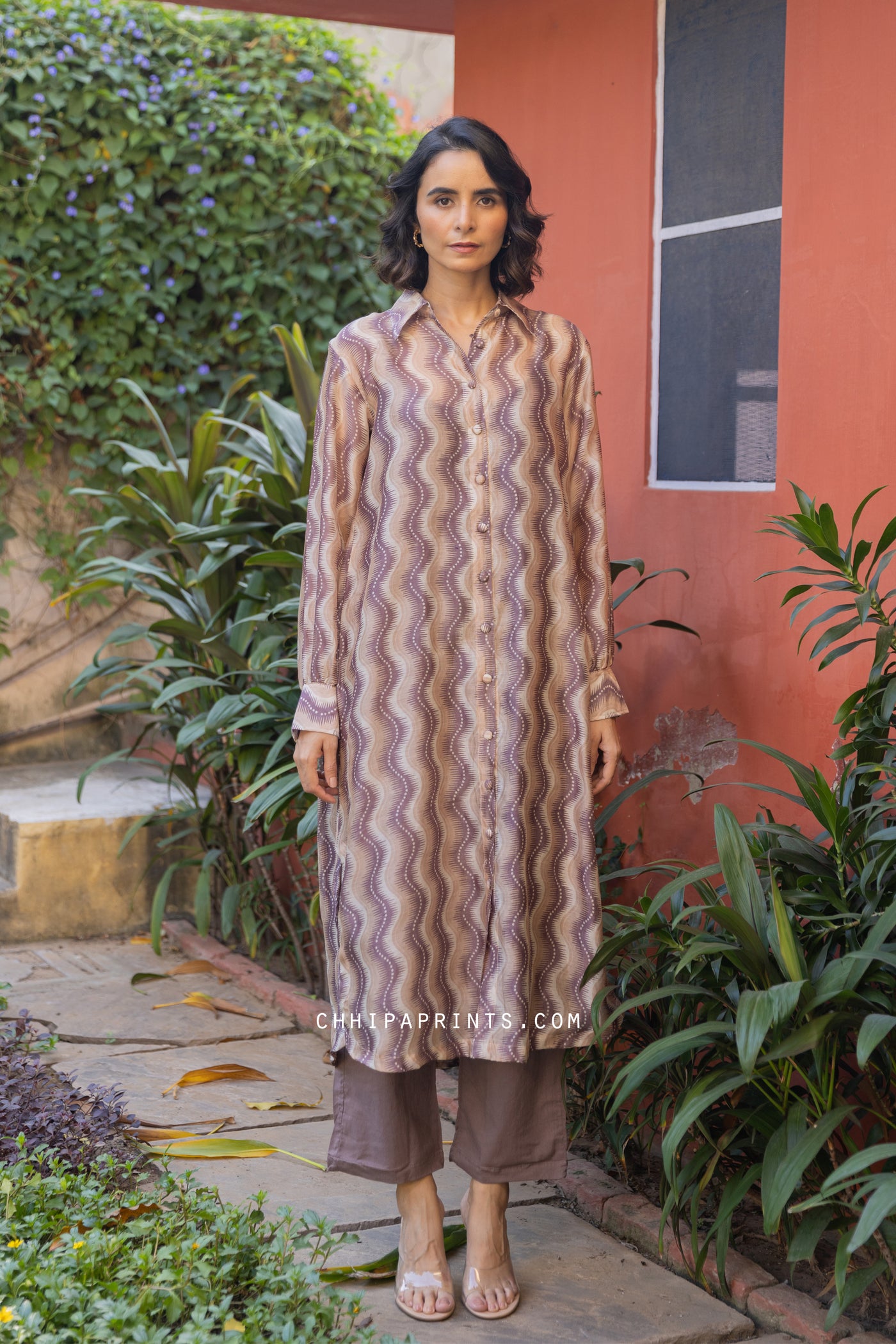 Chanderi Silk Lehariya Print Kurta & Pants  Co Ord Set in Mocha Mousse