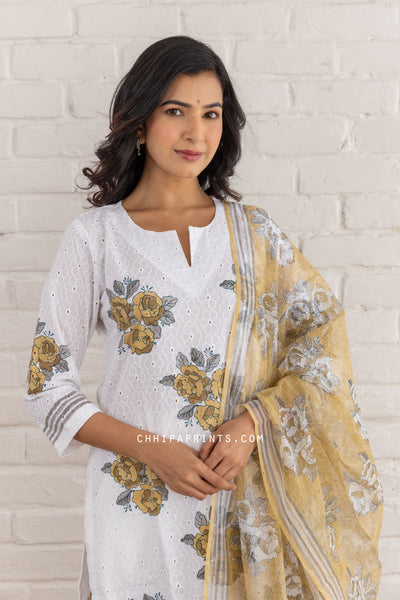 Cotton Schiffli Floral Block Print Kurta Set in Iced Coffee